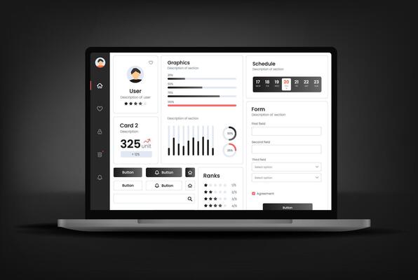 User interface of laptop. UX UI design. Dashboard usability on electronic devices. Charts and tables for data management and monitoring.