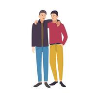 Two young stylish men standing together, looking at each other and embracing. Pair of close friends. Male cartoon characters isolated on white background. Colored illustration in flat style. vector