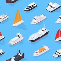 Modern seamless pattern with various isometric ships, sailing boat and marine vessels. Backdrop with sea transport. Bright colored illustration for wrapping paper, textile print, wallpaper. vector