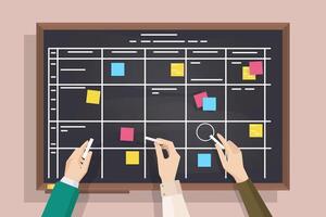 Blackboard with table drawn on it, sticked post-it notes and hands holding pieces of chalk. Board for effective daily planning, scheduling, timetable, to-do list. Colorful illustration. vector