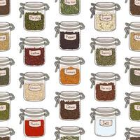 Seamless pattern with various ground spices or piquant condiments stored in glass jars on white background. Hand drawn illustration for wallpaper, wrapping paper, textile print, backdrop. vector