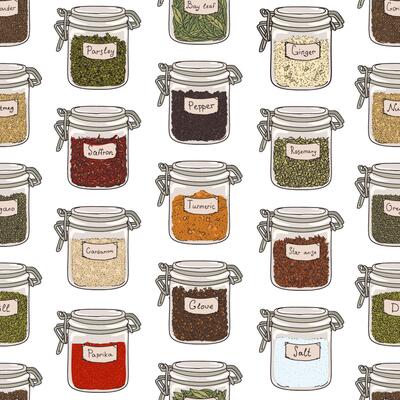 Seamless pattern with various ground spices or piquant condiments stored in glass jars on white background. Hand drawn illustration for wallpaper, wrapping paper, textile print, backdrop.