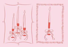 Set of whimsical drawing fashionable candle with vintage frame. Elements for greeting card. Pink and red colors vector
