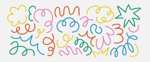 Set of doodle playful multicolor scribble. Abstract children background with curve line. Trendy design with basic shapes. vector