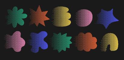 Set of gradient pixel abstract playful shape. Explosion multicolor stars and cloud in bitmap 8-bit Style. Futuristic retro design in y2k style. vector