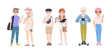 Collection of modern children eating ice cream, spinning fidget spinner, roller skating, riding hoverboard. Set of smiling boys and girls isolated on white background. Colorful illustration. vector