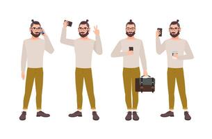 Young man dressed in stylish clothes with smartphone - texting, talking, taking selfie photo, reading message. Male cartoon character isolated on white background. Colorful flat illustration. vector