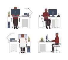 Man working on computer at workplace. Male office worker sitting in chair at desk. Flat cartoon character isolated on white background. Front, side and back views. Modern colorful illustration. vector