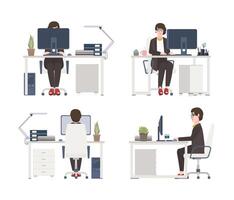 Woman working on computer. Female office worker, secretary or assistant sitting in chair at desk. Flat cartoon character isolated on white background. Front, side and back views. illustration. vector