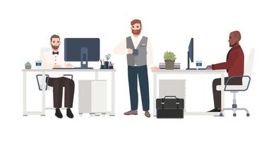 Men dressed in business clothes working at office. Male cartoon characters standing, drinking coffee and sitting at desks with computers. Clerks at workplace. illustration in flat style. vector