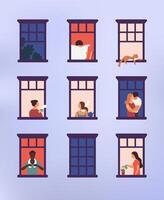 Windows with neighbors doing daily things in their apartments - drinking tea, talking, watering potted plant, hugging or cuddling, reading newspaper. Colorful illustration in modern flat style. vector