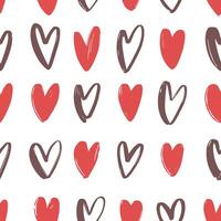 Seamless pattern with red and brown hand drawn hearts on white background. Backdrop with love, dating and romantic relationship symbols. illustration for wrapping paper, textile print. vector