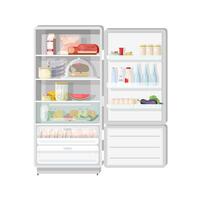 Modern opened refrigerator full of various food - fruits and vegetables, meat and dairy products, desserts, daily meals. Content of fridge with freezer. Colorful illustration in flat style. vector