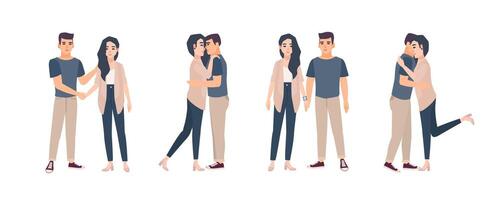 Collection of young couple standing in various poses. Bundle of man and woman embracing, hugging, holding hands. Set of flat cartoon characters isolated on white background. illustration. vector