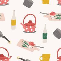 Seamless pattern with colorful kitchen utensils, cookware, tools for food processing, meals preparation or home cooking on white background. illustration for wallpaper, textile print, backdrop. vector