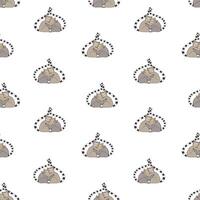 Seamless pattern with pair of hugging adorable lemurs with closed eyes on white background. Backdrop with cartoon exotic animals in love. Colorful illustration for fabric print, wrapping paper. vector