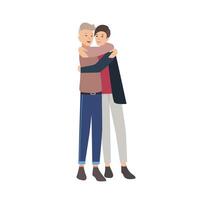 Pair of young men standing together and hugging. Close friends embracing and smiling. Buddies or pals. Flat male cartoon characters isolated on white background. Colorful illustration. vector