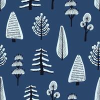 Seamless pattern with various hand drawn winter trees covered by snow on blue background. Backdrop with cartoon snowy forest. Modern illustration for wallpaper, wrapping paper, textile print. vector