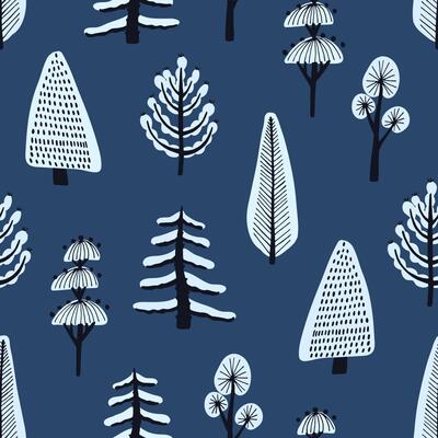 Seamless pattern with various hand drawn winter trees covered by snow on blue background. Backdrop with cartoon snowy forest. Modern illustration for wallpaper, wrapping paper, textile print.