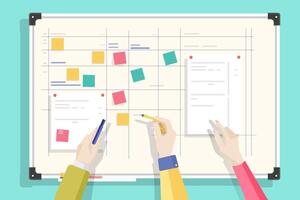 Magnetic whiteboard with table drawn on it, notes sticked by magnets and hands holding pen and pencil. Board for effective daily planning, scheduling, timetable. Colorful flat illustration. vector