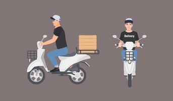 Delivery guy dressed in uniform riding scooter. Courier boy in cap sitting on modern motor moped isolated on white background. Front and side views. Colorful illustration in flat cartoon style. vector