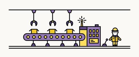 Factory belt conveyor equipped with hanging robotic manipulators conveying boxes and industrial worker in hard hat standing at controlling panel. Colored illustration in line art style. vector