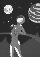 Young pretty woman dressed in spacesuit standing on surface of uninhabited planet and looking upward. Female astronaut exploring space. Monochrome illustration in contemporary art style. vector