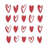 Collection of various red hand drawn hearts isolated on white background. Bundle of love, romance and passion symbols for Valentine's day. Set of romantic design elements. Colored illustration. vector