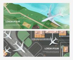 Set of horizontal banners with airplanes flying above seashore and taxiing and taking off on airport runway. Passenger aircrafts and place for text. Modern colorful illustration in flat style. vector