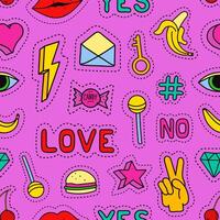 Bright colored seamless pattern with various patches or badges on pink background - eye, candy, lollipop, yes and no words, key, lightning, banana. illustration in trendy hipster style. vector