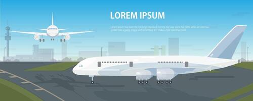 Colorful horizontal banner with airplanes parked on runway and flying in sky against airport building on background. Descending and landed aircrafts and place for text. Modern illustration. vector