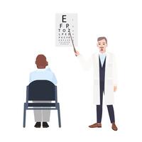 Ophthalmologist with pointer standing beside eye chart and checking eyesight of man sitting in front of it. Oculist measuring visual acuity of patient. Colorful illustration in flat style. vector