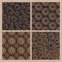 Collection of abstract seamless patterns with various geometric shapes drawn with contour lines on dark background. illustration for wallpaper, wrapping paper, textile print, backdrop. vector