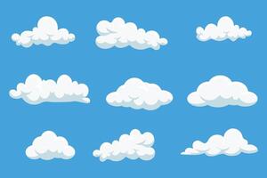 set of cartoon clouds isolated on blue background. Collection of cloud icons in flat style. vector