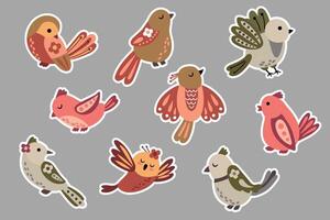 Set of stickers with cute birds. Hand drawn style. vector
