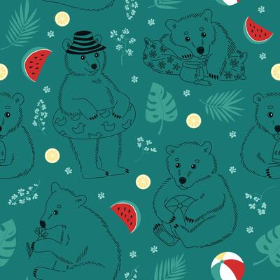 The cute bears are on summer vacation at sea. Seamless pattern with cute little bears with flowers, fruits, and leaves. Hand-drawn colorful flat illustration.