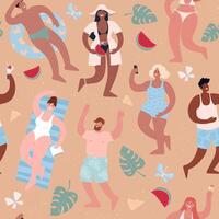 Summer beach party. Different people in swimsuits have fun. Seamless pattern for any design. vector
