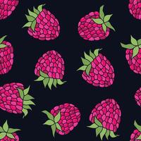Seamless pattern of hand-drawn raspberry berries. illustration on black background. vector
