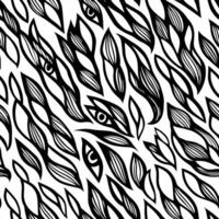 The graphic pattern of leaves and eyes. Black and white hand-drawn seamless pattern. vector