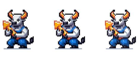 A pixelated bull with horns and a tail in a blue jumpsuit stands in a fighting stance, holding a golden arrow in his hands. Graph up. vector
