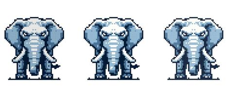 Pixel art depiction of a blue and white elephant facing forward with large ears and tusks. vector