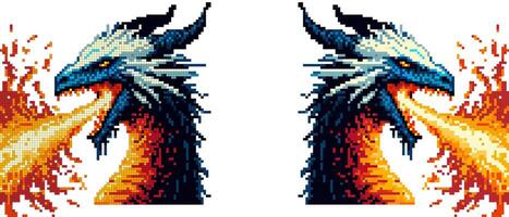 A pixel art dragon with sharp horns and scales emits vibrant flames from its open maw against a plain background. vector