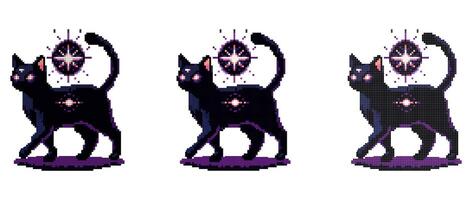 A pixel art depiction of a mystical black cat with glowing purple symbols hovering around its body, casting an enchanting aura on a white background. vector