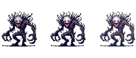 A menacing pixel art creature with a white, grinning face, surrounded by dark, spiky protrusions stands ready. vector