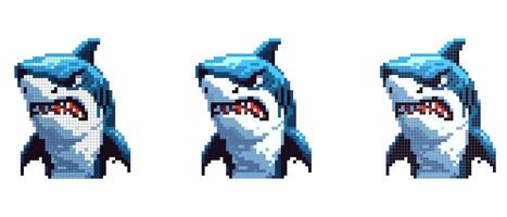 Pixel art of an angry shark with open mouth and sharp teeth, showing fierceness in a digital format. vector