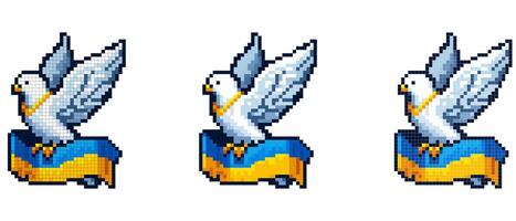 A charming pixel art dove carrying the Ukrainian flag, symbolizing peace and freedom. This image combines traditional pixel art style with strong cultural and political meanings. vector