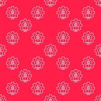 Gear with PC Bug line seamless pattern - Computer Virus outline background vector