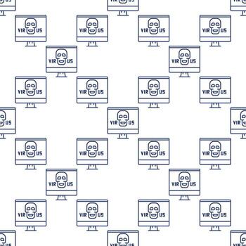 Computer with Virus Skull on PC Screen seamless pattern in thin line style vector