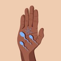 An illustration shows a hand with sperm cells and a snowflake, symbolizing the process of sperm freezing for fertility preservation vector