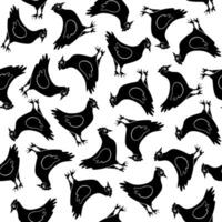 This unique pattern showcases lively black chickens in various poses on a stark white backdrop, creating a dynamic effect vector